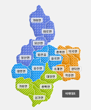 합천군 지역구 - 합천읍, 대병면, 용주면, 봉산면, 묘산면, 가야면, 야로면, 율곡면, 초계면, 쌍책면, 덕곡면, 청덕면, 적중면, 대양면, 쌍백면, 삼가면, 가회면